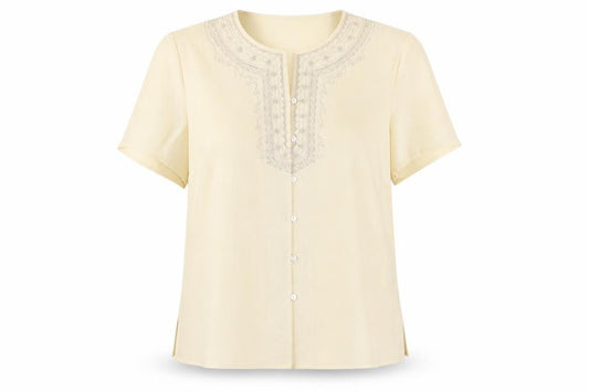 Front view of Collection women’s beige polyester basic button-up, size UK 18, round neck