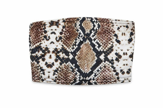 Front view of PRETTYLITTLETHING women’s brown animal print polyester cropped tank, size UK 4, off the shoulder - snake print
