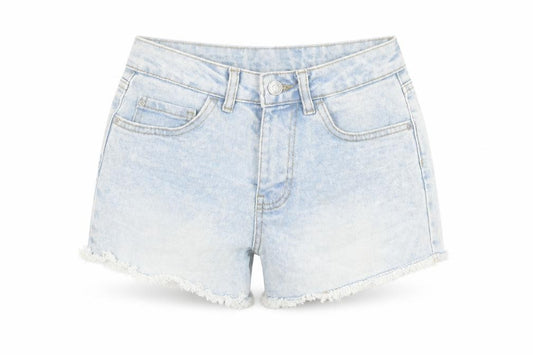 Front view of Denim & Co. women’s blue cotton boyfriend shorts, size UK 6, 3-inch leg regular button