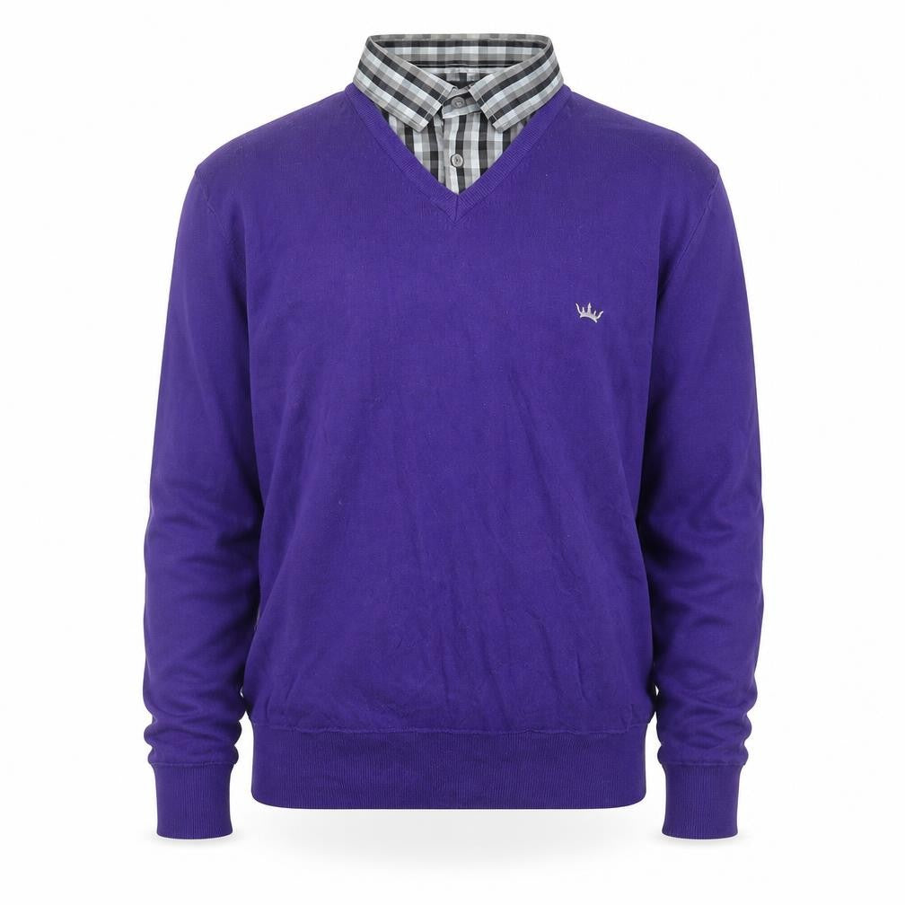 Front view of Blue Inc men’s purple collared cotton jumper, size M
