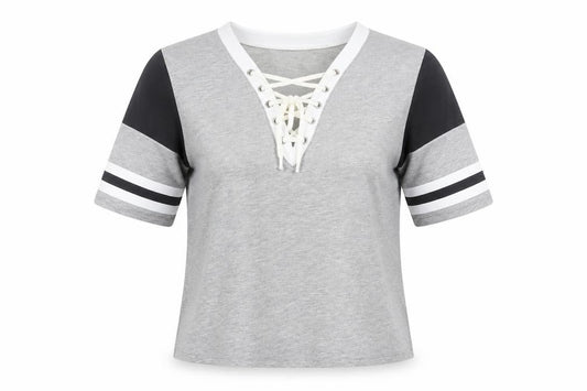 Front view of Select women’s grey cotton cropped t-shirt, size UK 8, v-neck