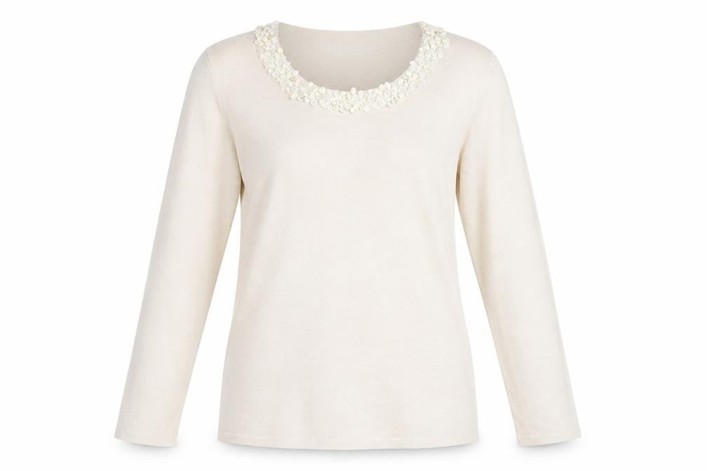 Front view of Country Casuals women’s beige boat neck viscose jumper, size M