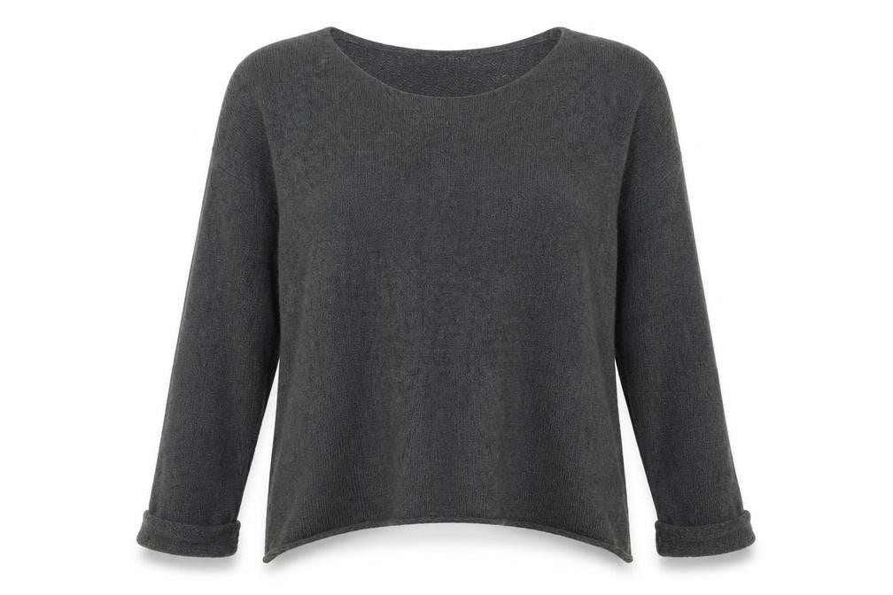 Front view of H&M women’s grey boat neck acrylic jumper, size S