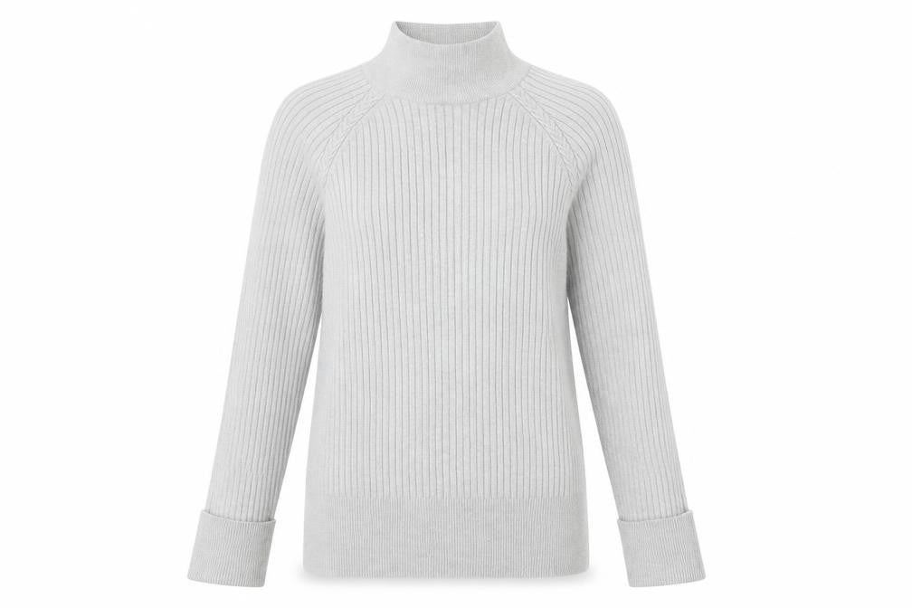 Front view of Peyton Primrose women’s grey high neck rayon jumper, size S