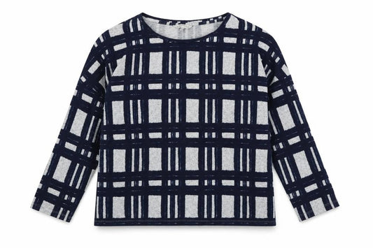 Front view of Nutmeg women’s blue round neck striped polyester jumper, size UK 18