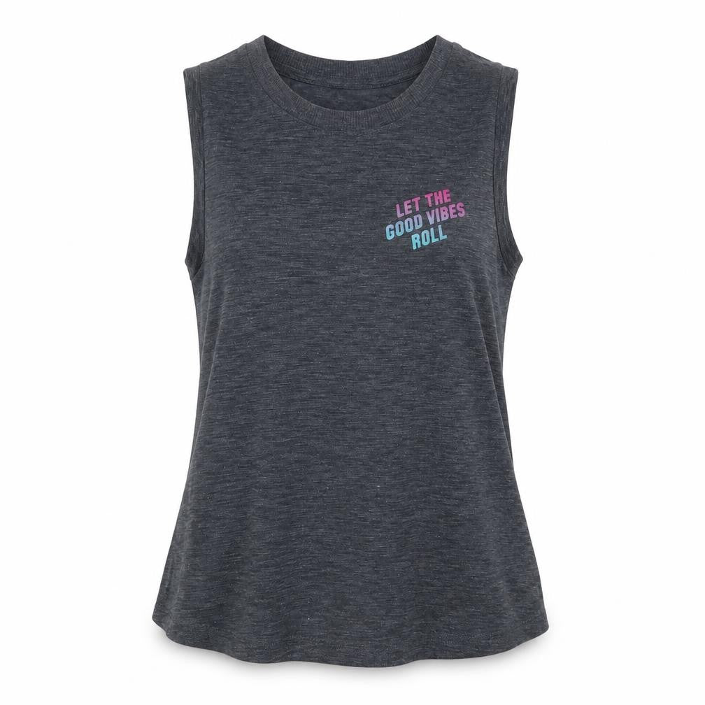 Front view of Old Navy women’s grey polyester basic tank, size XS, round neck pullover - let the good vibes roll palm trees