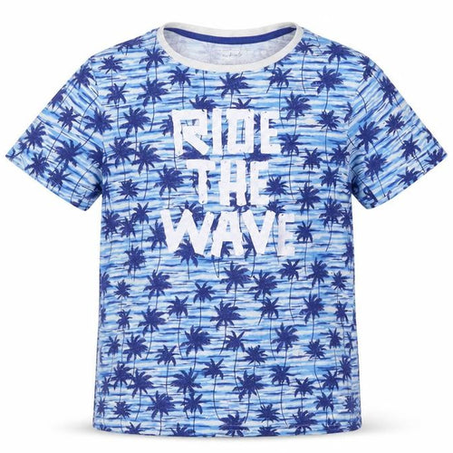 Peacocks Boys Blue Geometric Cotton Basic T-Shirt Size 10-11 Years Round Neck Pullover - Ride The Wave Palm Trees
