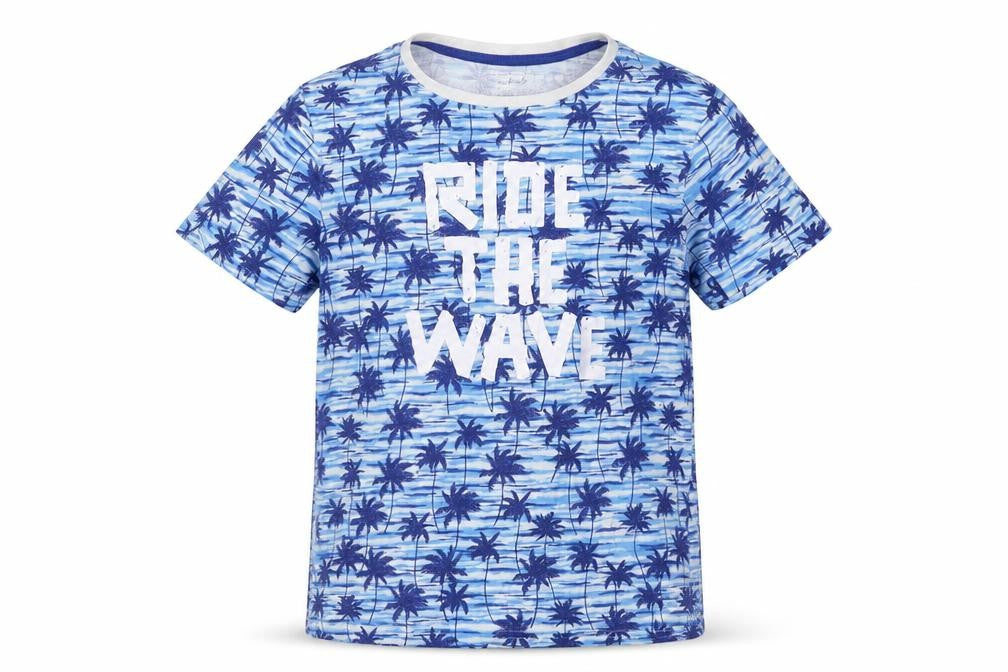 Peacocks Boys Blue Geometric Cotton Basic T-Shirt Size 10-11 Years Round Neck Pullover - Ride The Wave Palm Trees