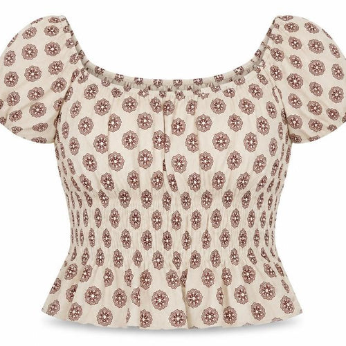 FOREVER 21 Womens Beige Geometric Cotton Basic T-Shirt Size S Off the Shoulder