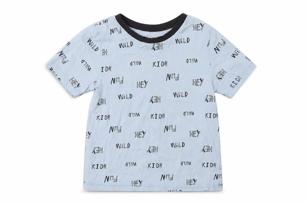 Front view of George boys’ blue geometric cotton basic t-shirt, size 4-5, years round neck pullover - hey fun wild