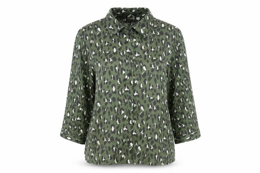 Front view of JDY women’s green animal print polyester basic button-up, size UK 14, collared - leopard print