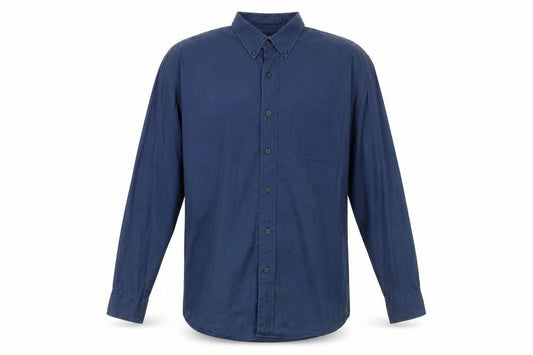 Front view of Trademark men’s blue cotton button-up, size L, collared button