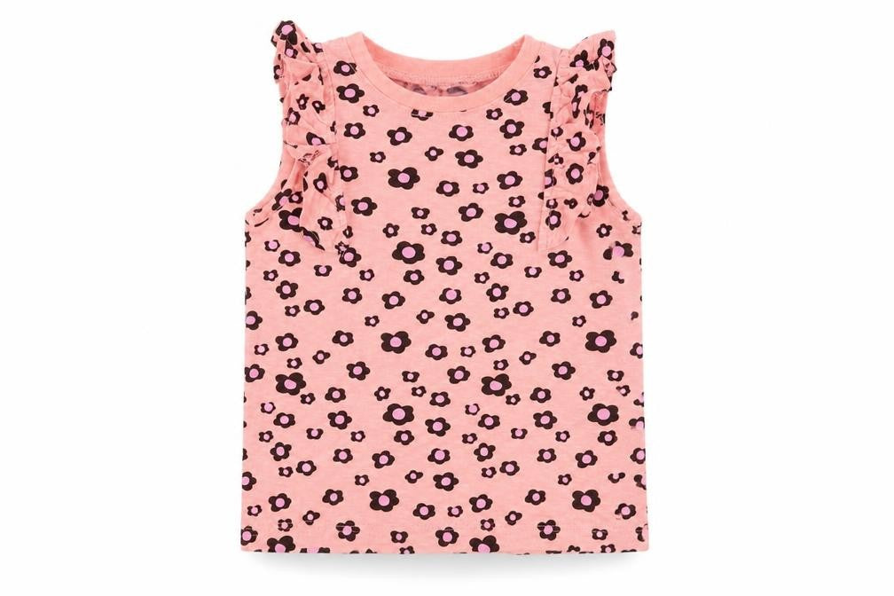 Front view of Dunnes girls’ pink floral cotton pullover tank, size 3-4, years crew neck pullover