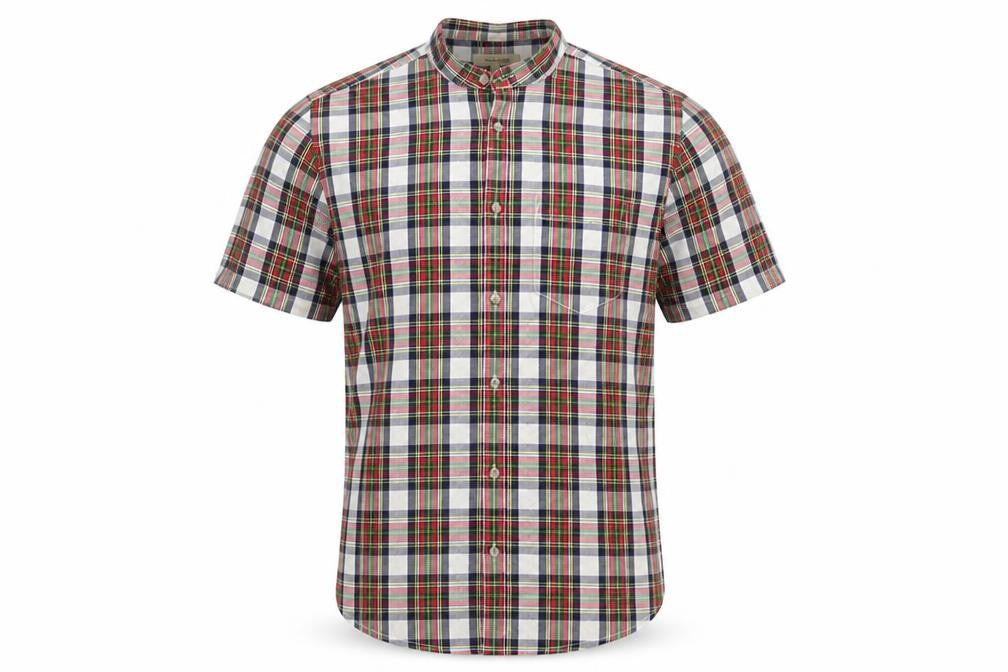 Front view of River Island men’s multicoloured plaid cotton button-up, size S, round neck button