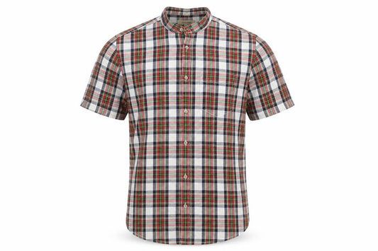 Front view of River Island men’s multicoloured plaid cotton button-up, size S, round neck button