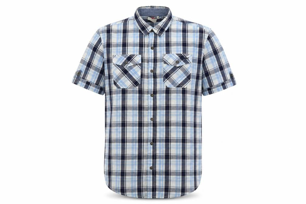 Front view of Lee Cooper men’s blue plaid cotton button-up, size M, collared button