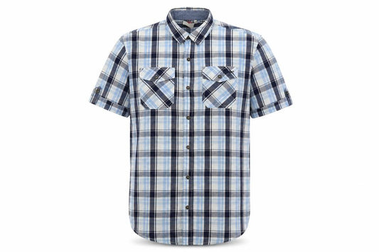 Front view of Lee Cooper men’s blue plaid cotton button-up, size M, collared button