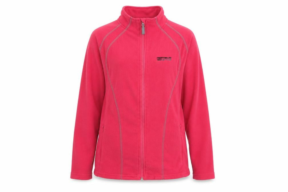 Front view of Mountain Life women’s pink polyester full zip sweatshirt, size UK 12, zip