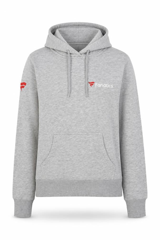 Front view of Fanatics women’s grey cotton pullover hoodie, size UK 8, pullover