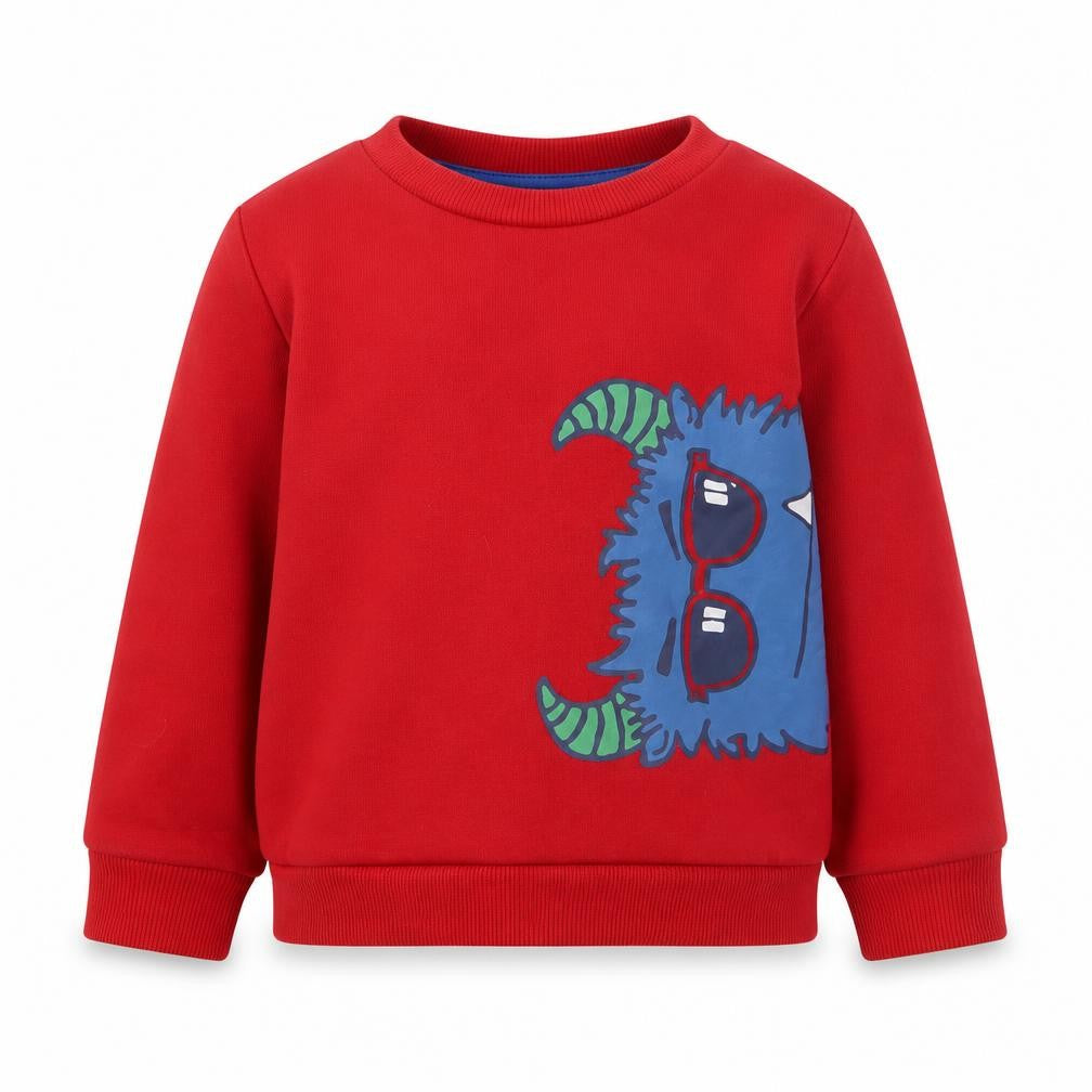 Front view of Primark boys’ red cotton pullover sweatshirt, size 2-3, years pullover - monster