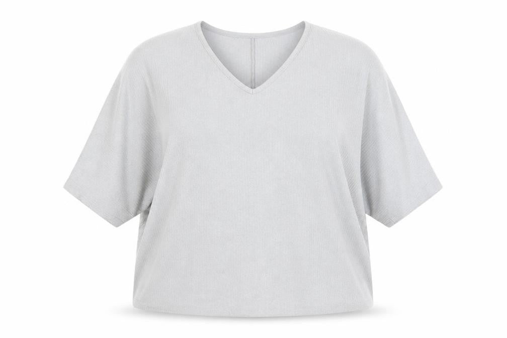 Front view of New Look women’s grey viscose basic t-shirt, size L, v-neck