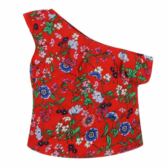 Front view of New Look women’s red floral polyester basic blouse, size UK 14, one shoulder