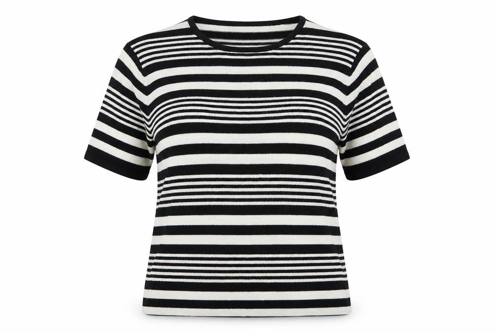 Front view of Berkertex women’s black striped acrylic basic t-shirt, size UK 14, round neck