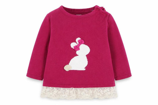 Front view of Nutmeg girls’ pink cotton jumper, size 0-3, months button - rabbit