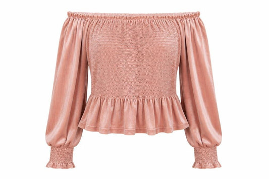 Front view of Primark women’s pink polyester basic blouse, size UK 10, off the shoulder