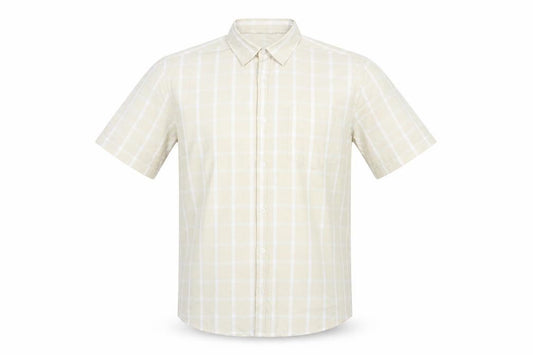 Front view of Lincoln men’s yellow plaid polyester button-up, size M, collared button