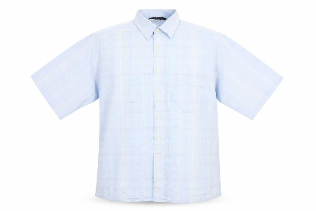 Front view of St Michael men’s blue plaid cotton button-up, size L, collared button