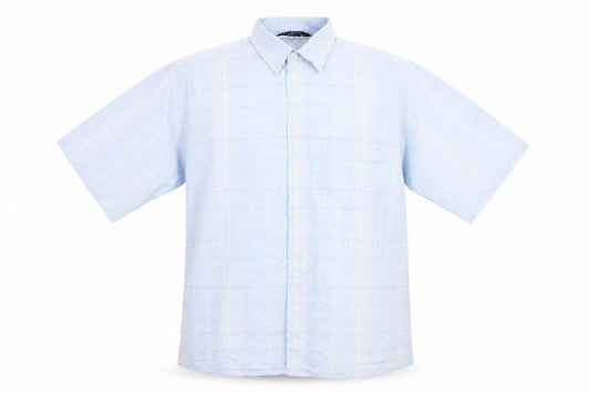 Front view of St Michael men’s blue plaid cotton button-up, size L, collared button