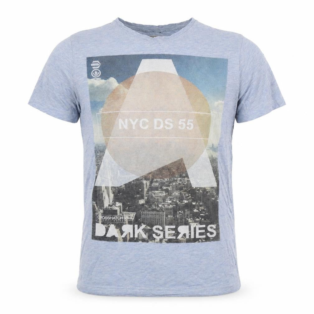 Front view of Crosshatch men’s multicoloured geometric polyester t-shirt, size S, crew neck