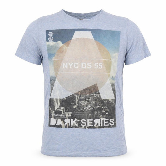 Front view of Crosshatch men’s multicoloured geometric polyester t-shirt, size S, crew neck