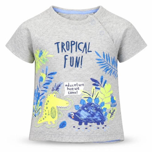 George Boys Grey 100% Cotton Basic T-Shirt Size 6-9 Months Round Neck Snap - Tropical Fun Dinosaur