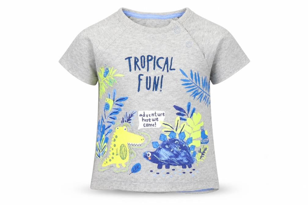 George Boys Grey 100% Cotton Basic T-Shirt Size 6-9 Months Round Neck Snap - Tropical Fun Dinosaur