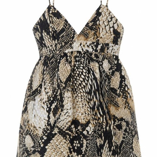 Zara Womens Beige Animal Print Polyester Fit & Flare Size XS V-Neck Tie - Snake Skin Print Babydoll