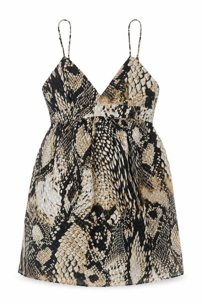 Zara Womens Beige Animal Print Polyester Fit & Flare Size XS V-Neck Tie - Snake Skin Print Babydoll