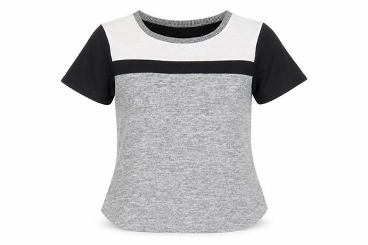 Front view of Oasis women’s grey polyester basic t-shirt, size M, round neck - colourblock