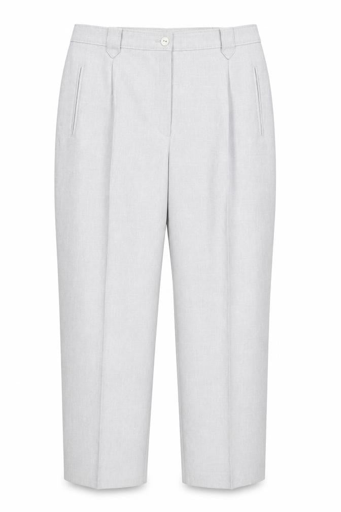 Front view of BHS women’s grey polyester trousers, size UK 14, 28-inch leg regular zip