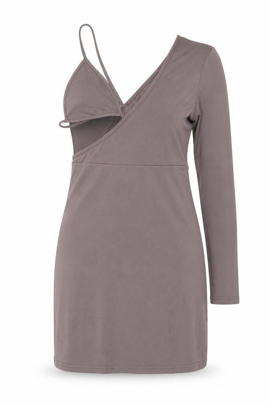 Front view of SHEIN women’s grey polyester bodycon, size S, v-neck pullover