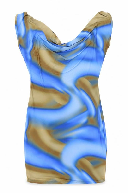 Front view of PRETTYLITTLETHING women’s blue tie dye polyester mini, size UK 8, v-neck pullover