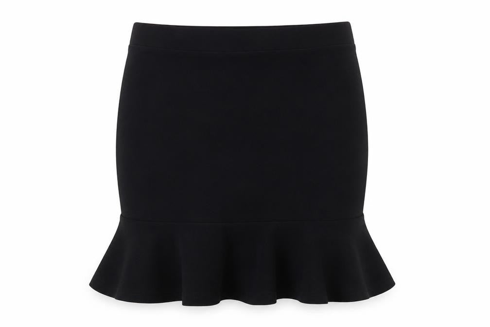 Front view of SHEIN women’s black polyester trumpet skirt, size L, drawstring