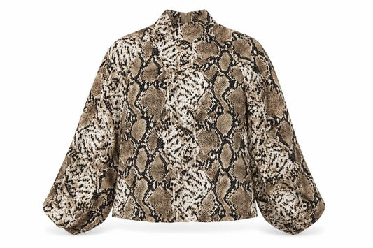 Front view of PRETTYLITTLETHING women’s beige animal print polyester basic blouse, size UK 8, high neck - snake pattern