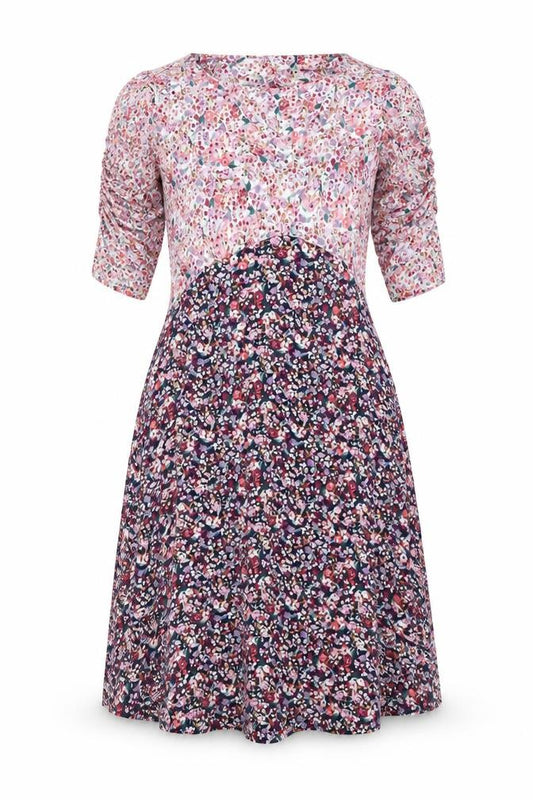 Front view of women’s multicoloured floral viscose a-line, size S, v-neck pullover