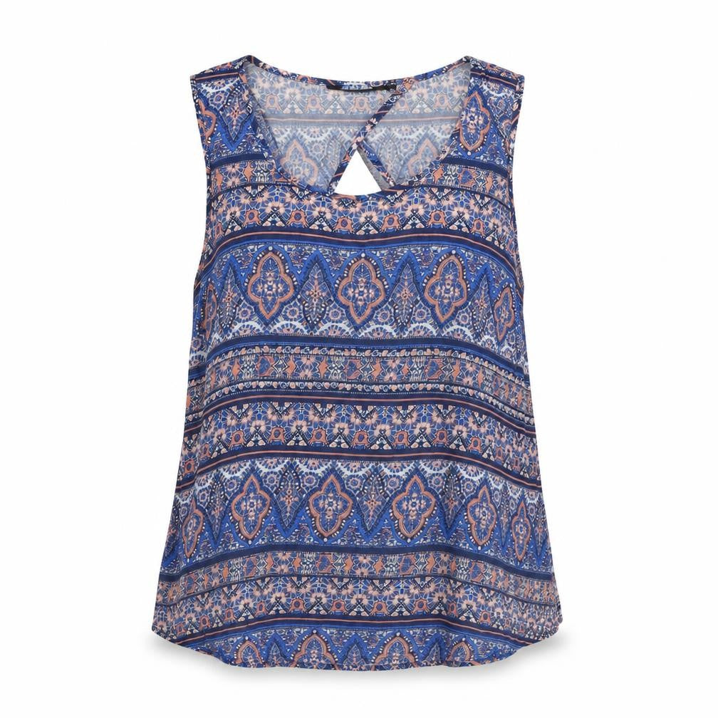 Front view of New Look women’s blue geometric viscose basic blouse, size UK 12, round neck - open back