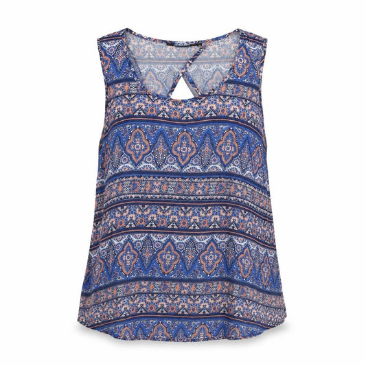 Front view of New Look women’s blue geometric viscose basic blouse, size UK 12, round neck - open back