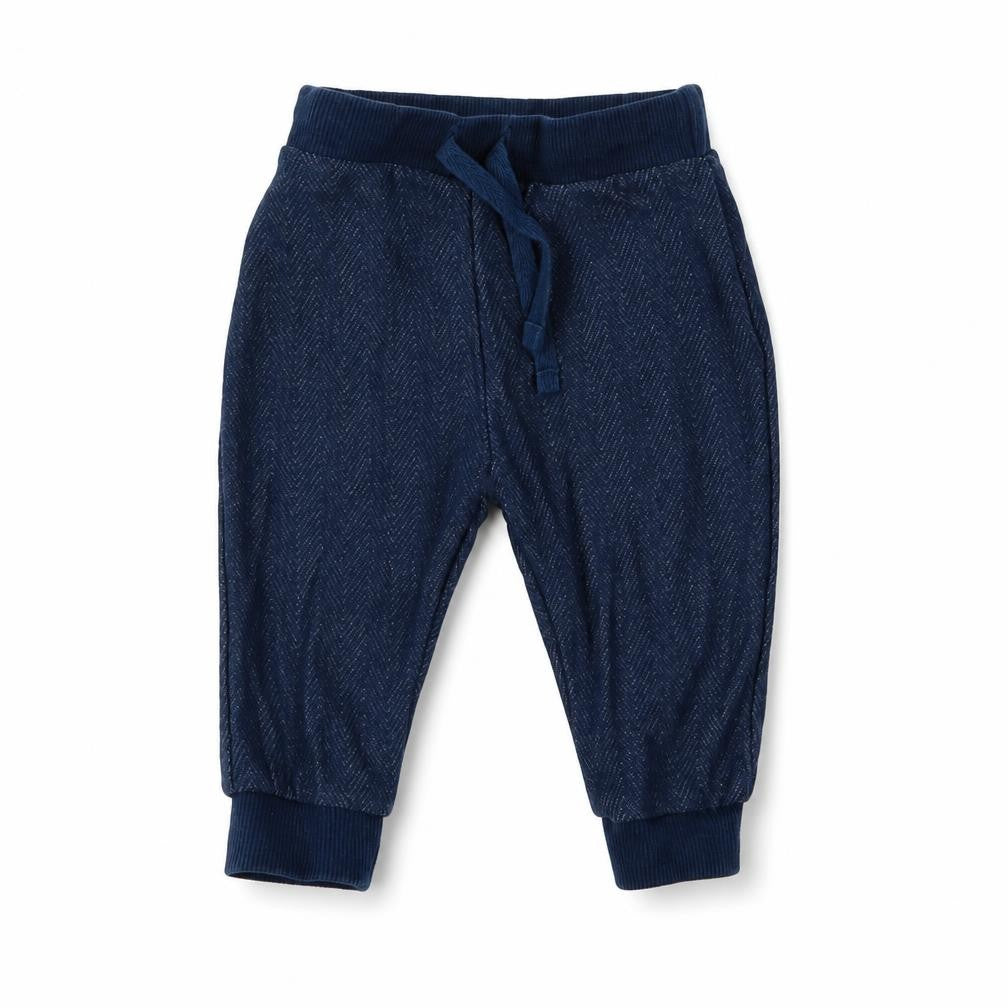 Front view of F&F boys’ blue cotton jogger trousers, size 3-6, months drawstring