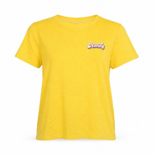 Front view of Only women’s yellow cotton basic t-shirt, size S, round neck - honey