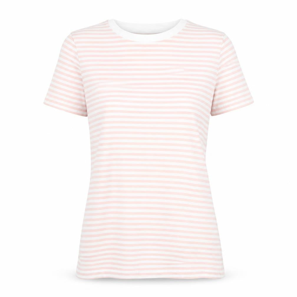 Front view of Selected women’s pink striped cotton basic t-shirt, size XS, round neck